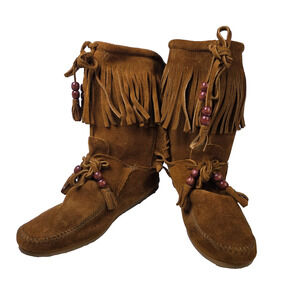 Minnetonka Woodstock Fringe Boots Women's Brown Suede Leather Beads Western - 8